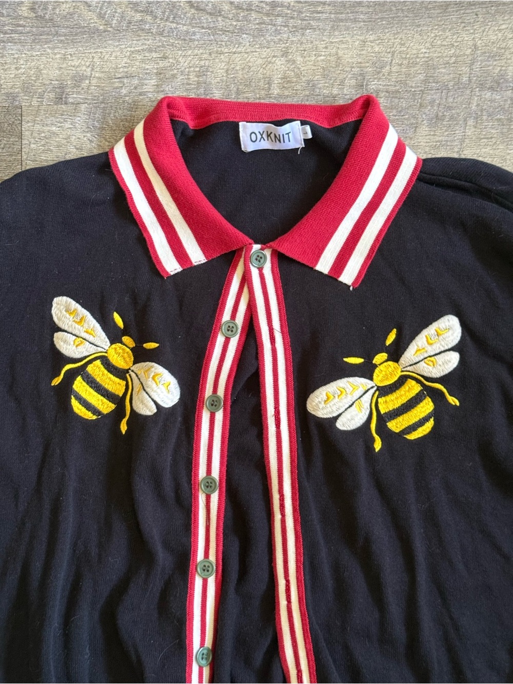 Black Bee Embroidered Knit Cardigan with Red Trim - Picture 2 of 4